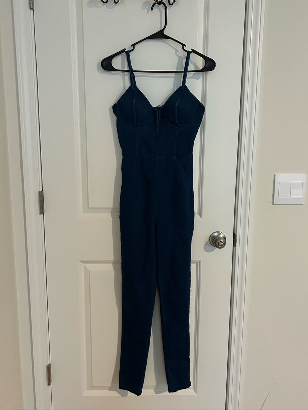 Dark Wash Denim Bustier Skinny Jumpsuit